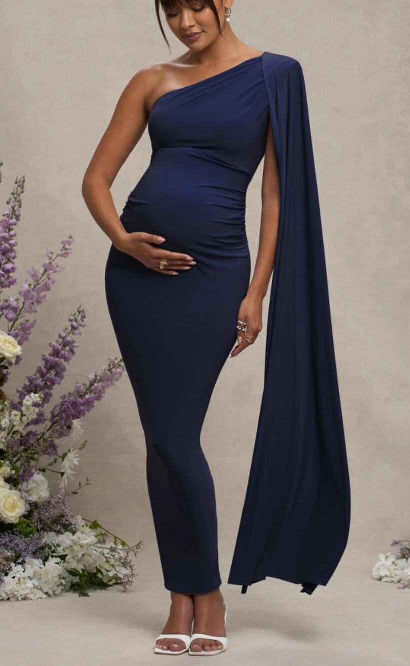 Club L London Amaryllis Navy Maternity One Shoulder Maxi Dress Cape Sleeve Sz 8